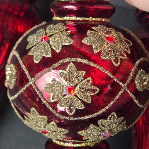 Frontgate Set of 3 Red Glass Finial Christmas Ornaments 8" Gold Glitter Accents - Picture 4 of 11
